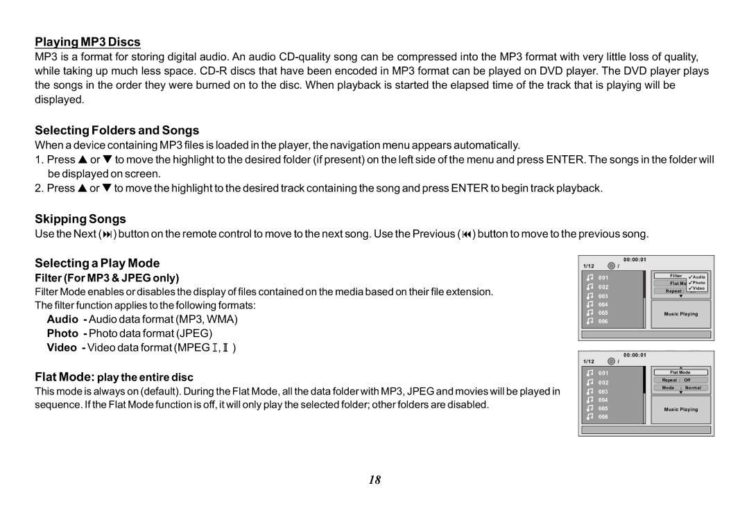 Audiovox VOD10, 128-8565A Playing MP3 Discs, Selecting Folders and Songs, Skipping Songs, Selecting a Play Mode 