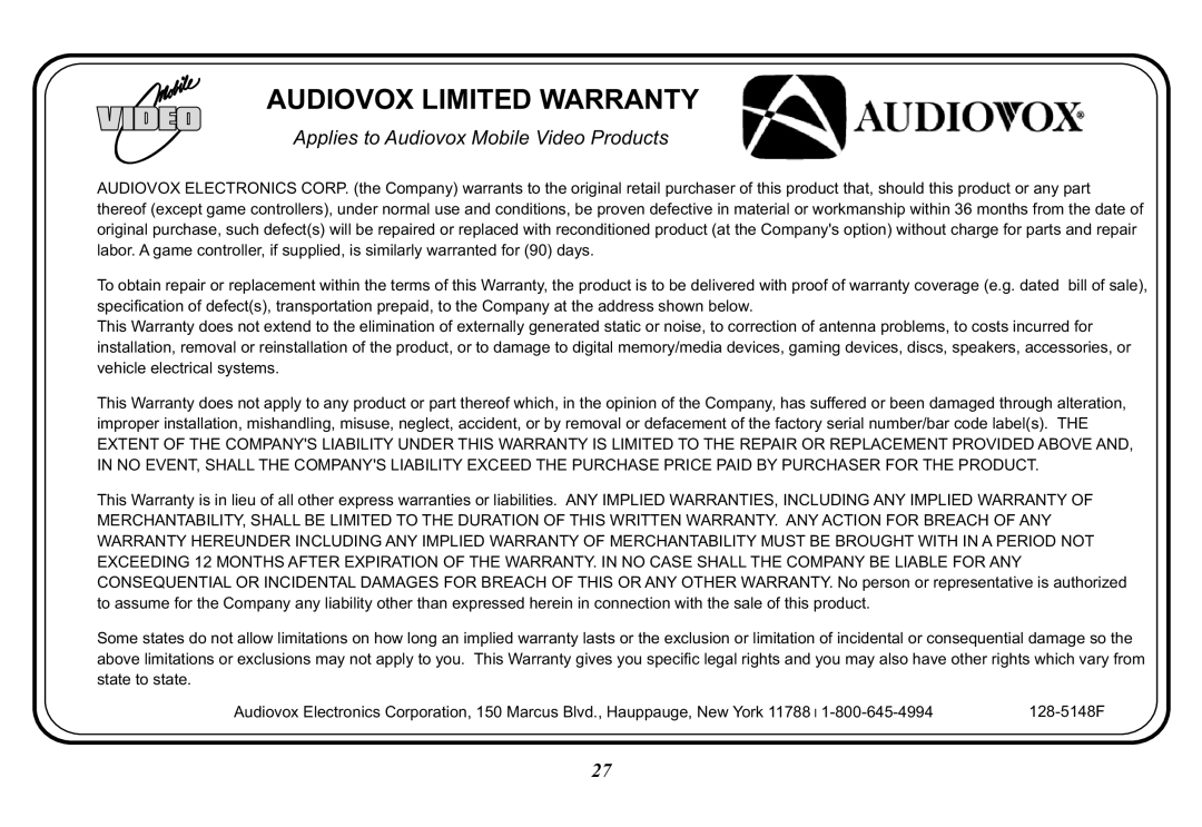 Audiovox 128-8565A, VOD10 operation manual Audiovox Limited Warranty 