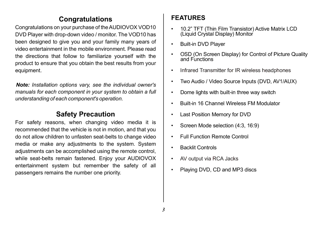 Audiovox 128-8565A, VOD10 operation manual Congratulations, Features 