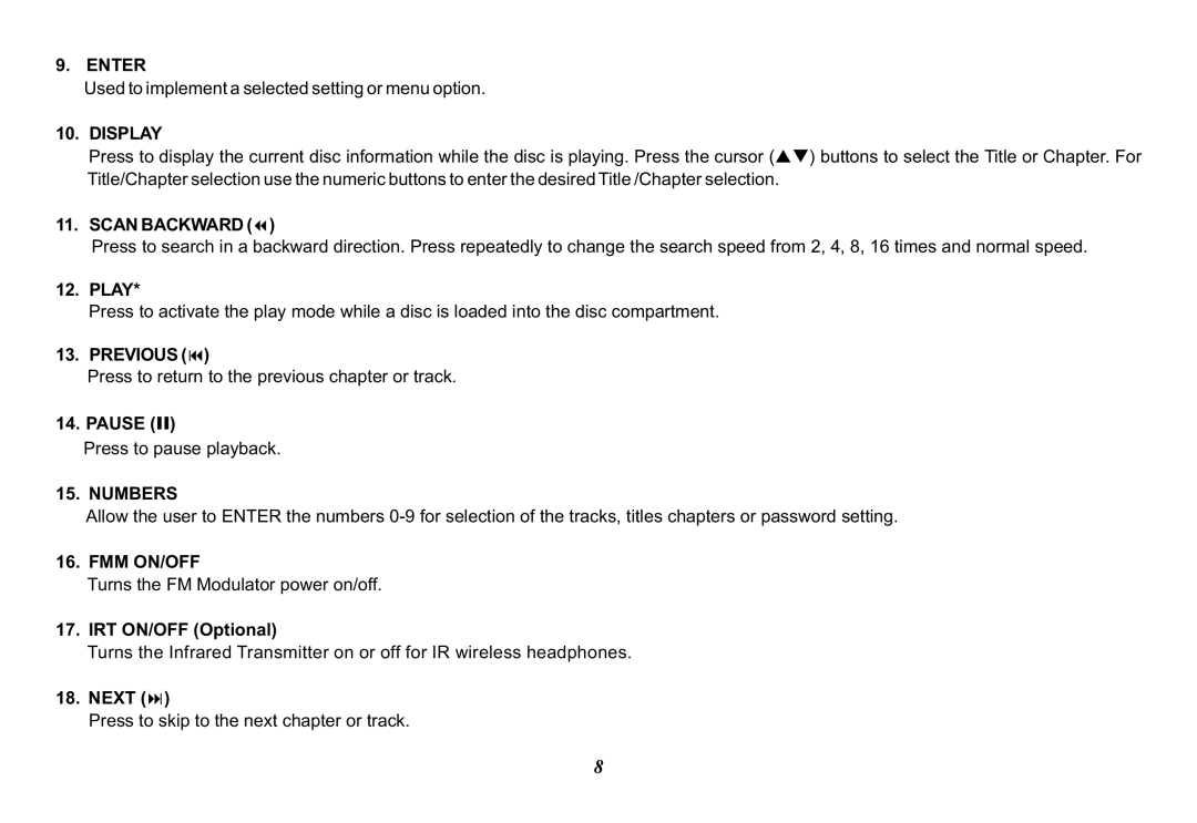 Audiovox VOD10, 128-8565A operation manual Enter, Display, Scan Backward, Numbers, Fmm On/Off 