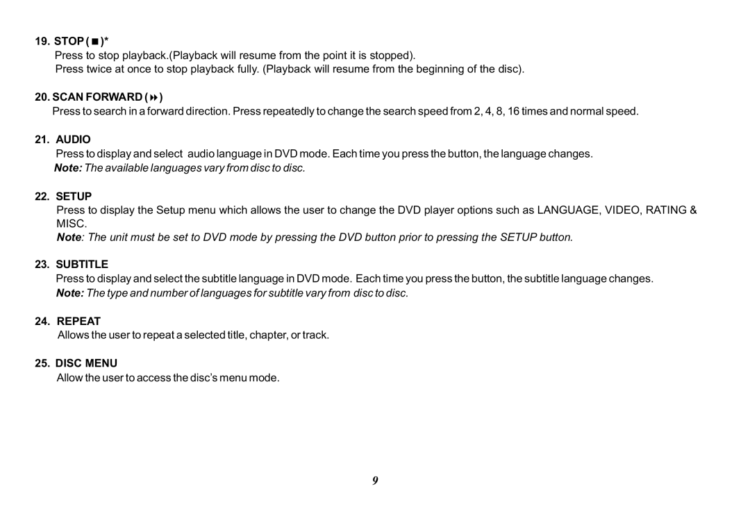 Audiovox 128-8565A, VOD10 operation manual Scan Forward, Audio, Setup, Subtitle, Repeat, Disc Menu 