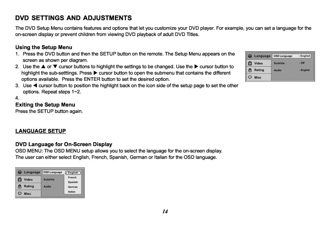 Audiovox VOD10, 128-8565A operation manual Dvd Settings And Adjustments, Using the Setup Menu, Exiting the Setup Menu 