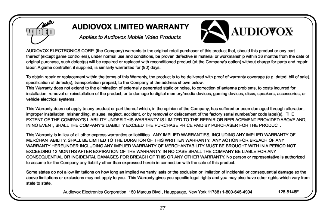 Audiovox 128-8565A, VOD10 operation manual Applies to Audiovox Mobile Video Products, Audiovox Limited Warranty 