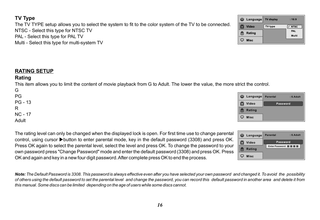 Audiovox VOD100 operation manual TV Type, Rating Setup 