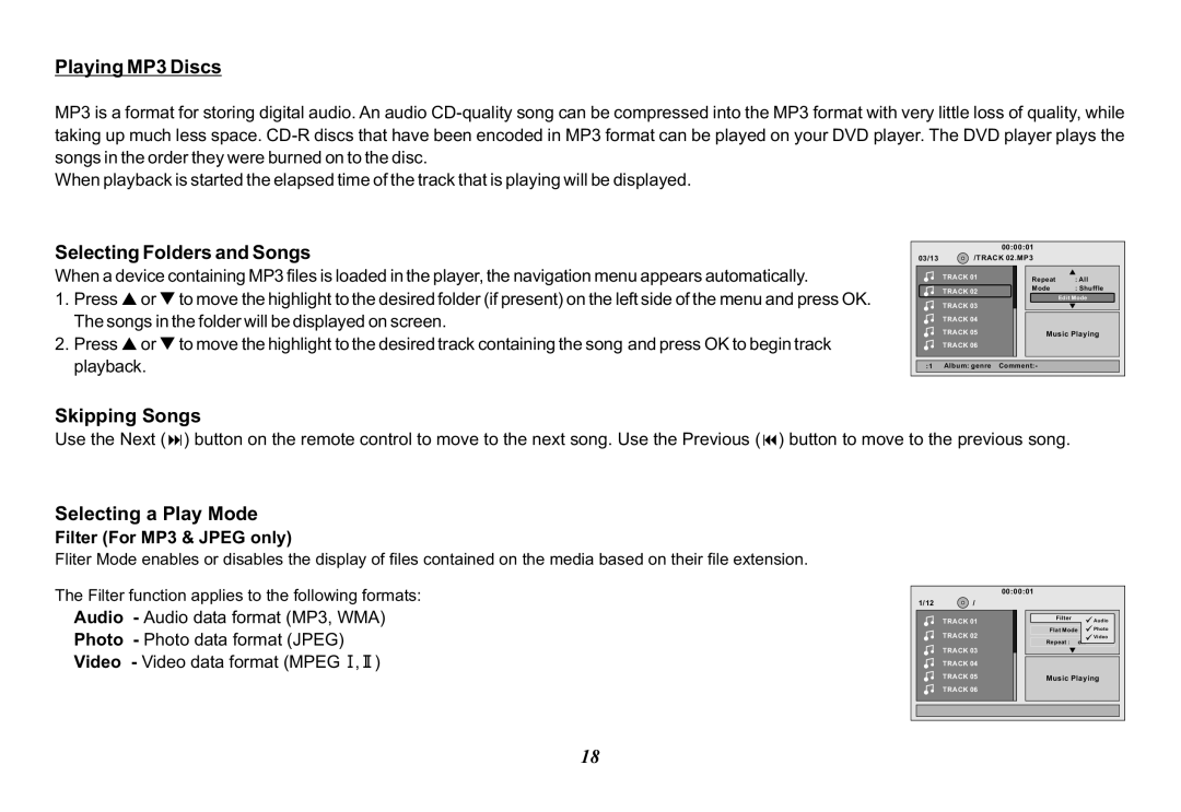 Audiovox VOD100 operation manual Playing MP3 Discs, Selecting Folders and Songs, Skipping Songs, Selecting a Play Mode 