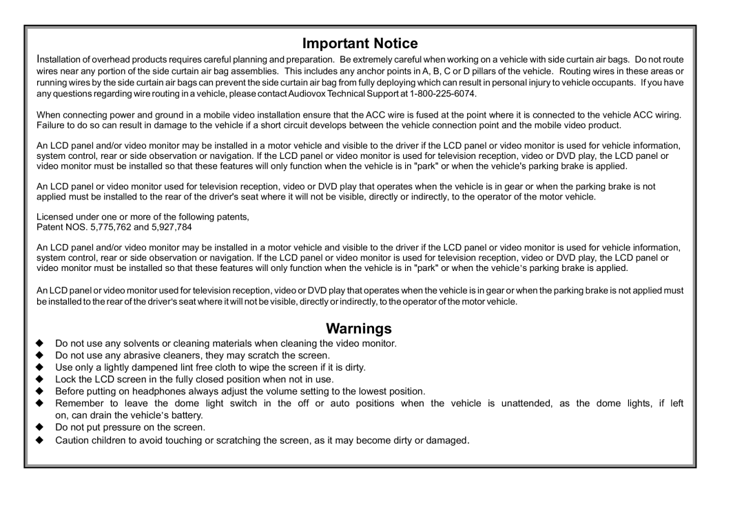 Audiovox VOD100 operation manual Important Notice 