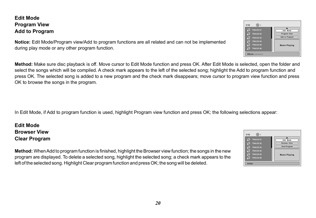 Audiovox VOD100 operation manual Edit Mode Program View Add to Program, Edit Mode Browser View Clear Program 