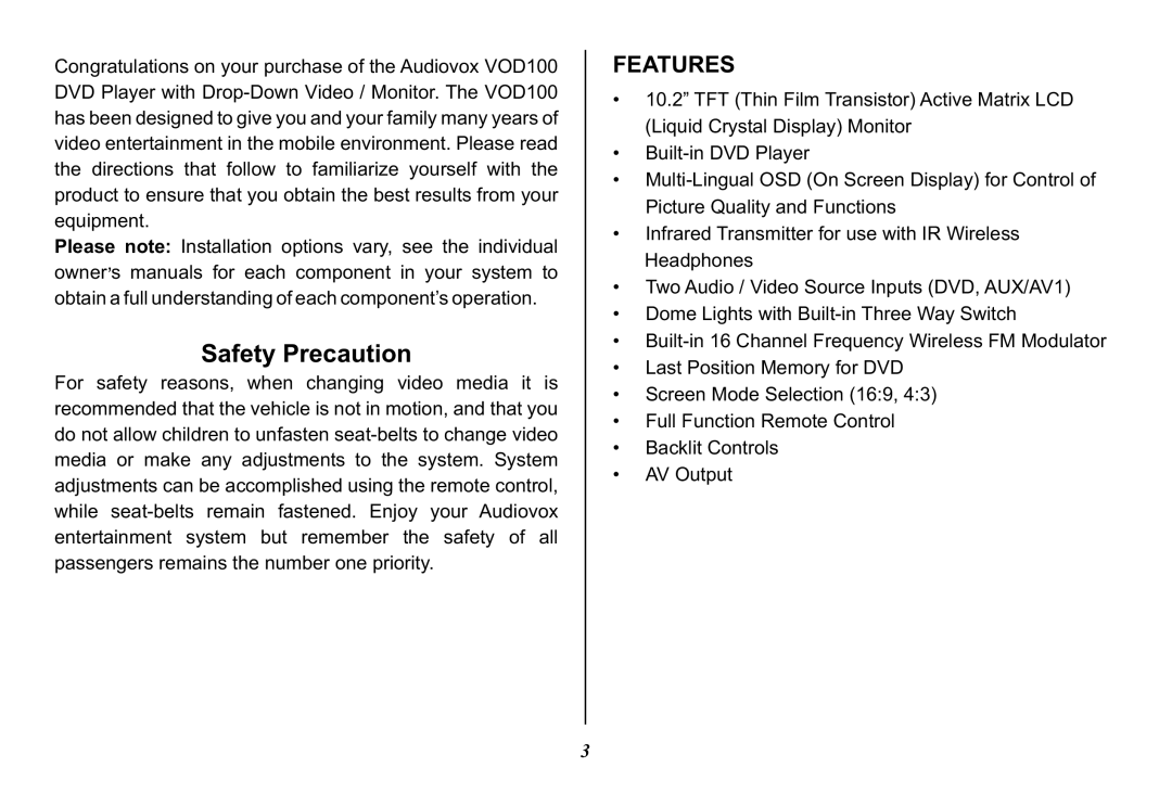 Audiovox VOD100 operation manual Safety Precaution, Features 