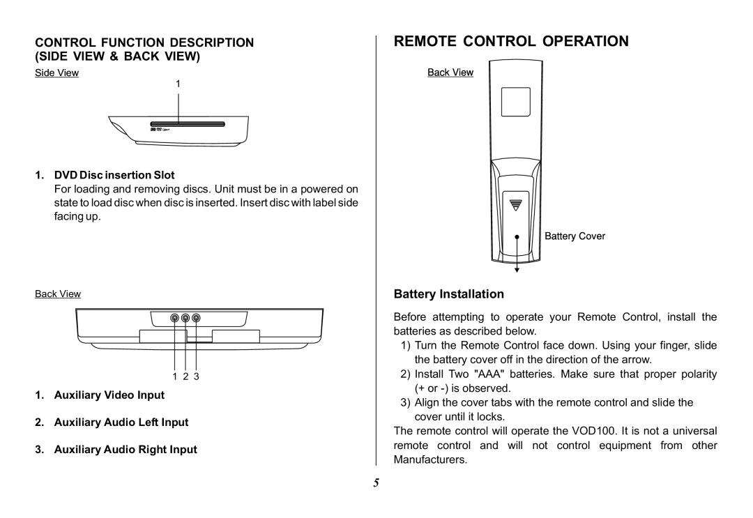 Audiovox VOD100 Remote Control Operation, Control Function Description Side View & Back View, Battery Installation 