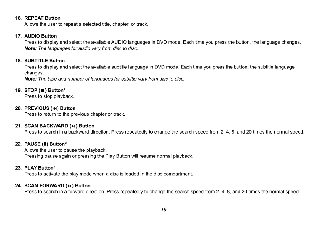Audiovox VOD102 Repeat Button, Audio Button, Subtitle Button, Stop Button* Press to stop playback Previous 9 Button 