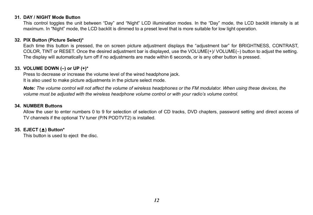 Audiovox VOD102 operation manual DAY / Night Mode Button, PIX Button Picture Select, Volume Down or UP +, Number Buttons 