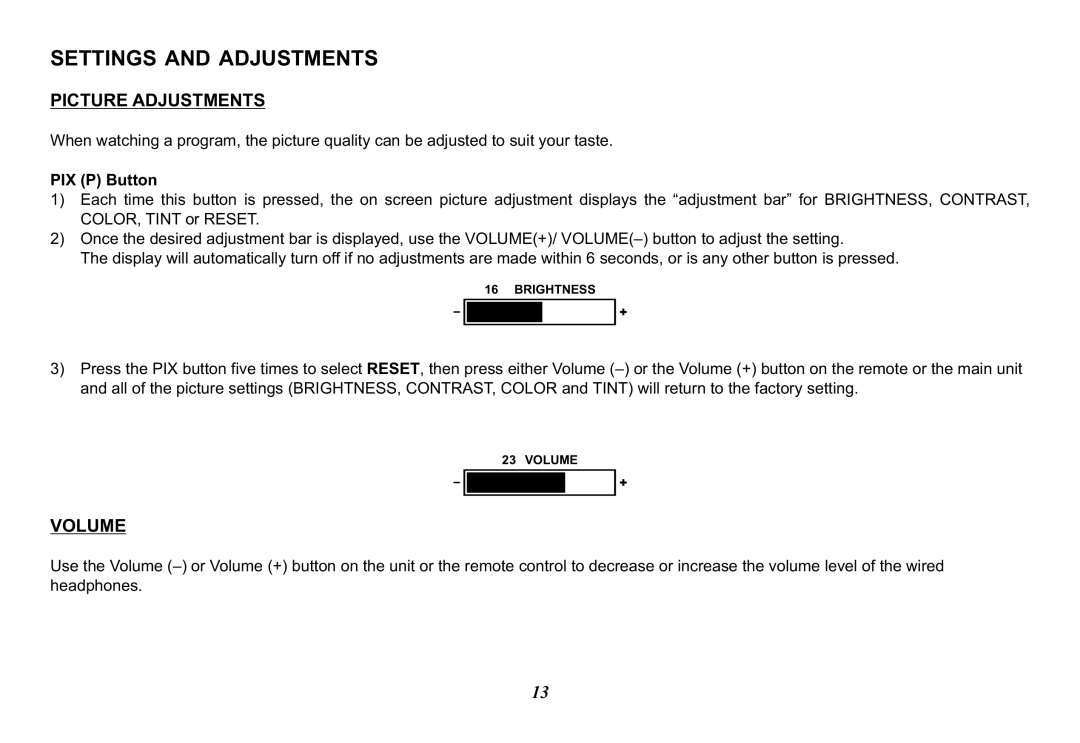 Audiovox VOD102 operation manual Settings and Adjustments, Picture Adjustments, Volume, PIX P Button 