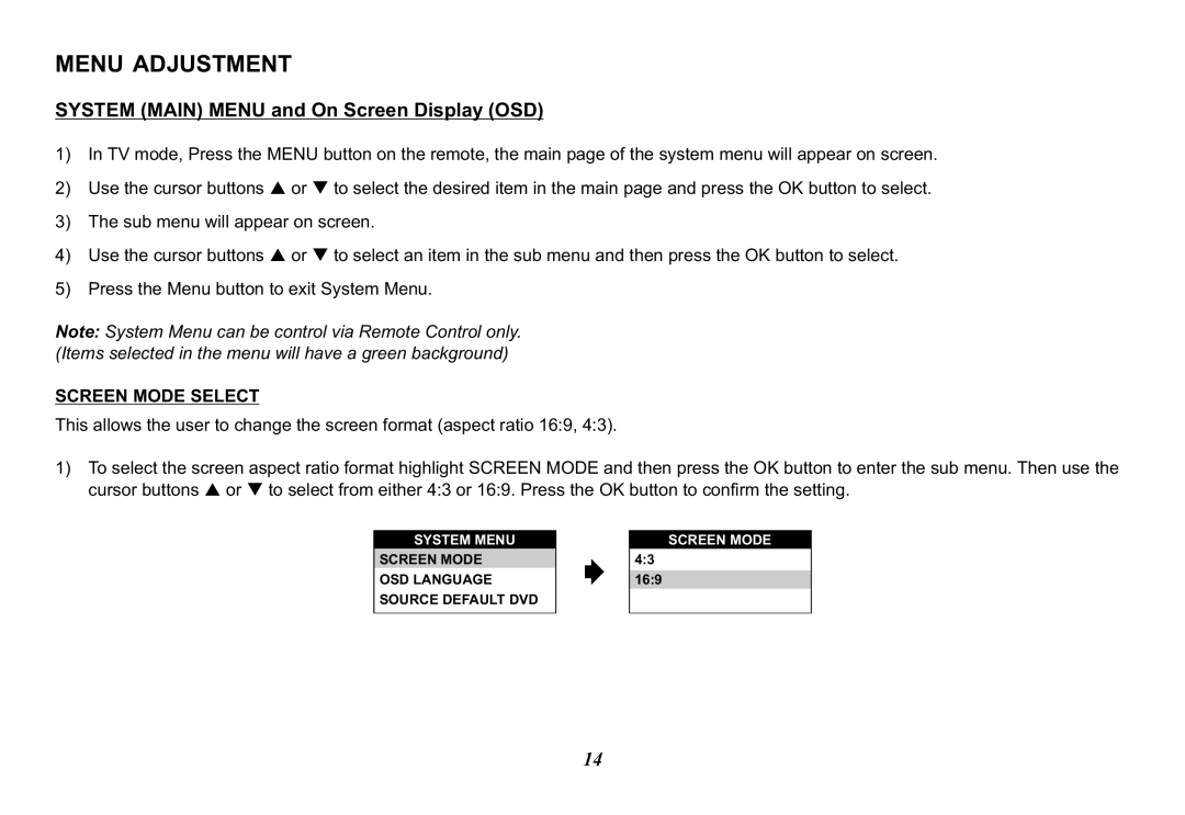 Audiovox VOD102 operation manual Menu Adjustment, System Main Menu and On Screen Display OSD 