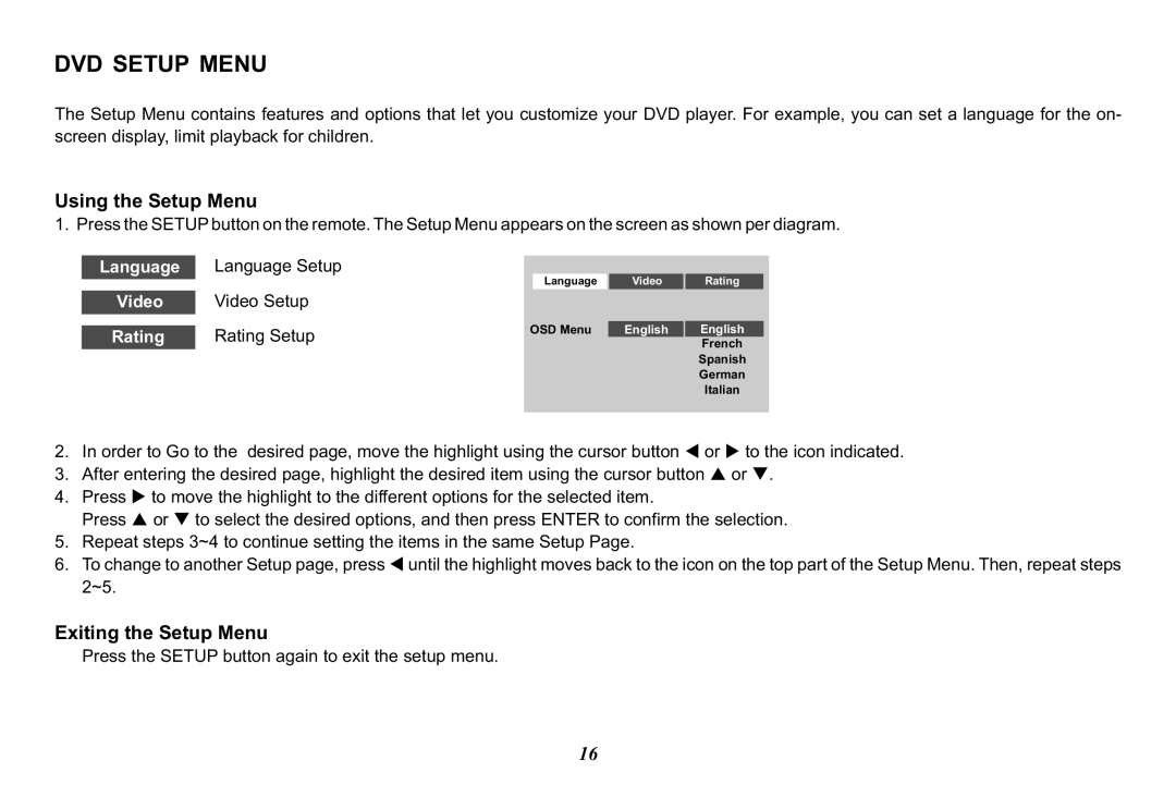 Audiovox VOD102 operation manual DVD Setup Menu, Using the Setup Menu, Exiting the Setup Menu 