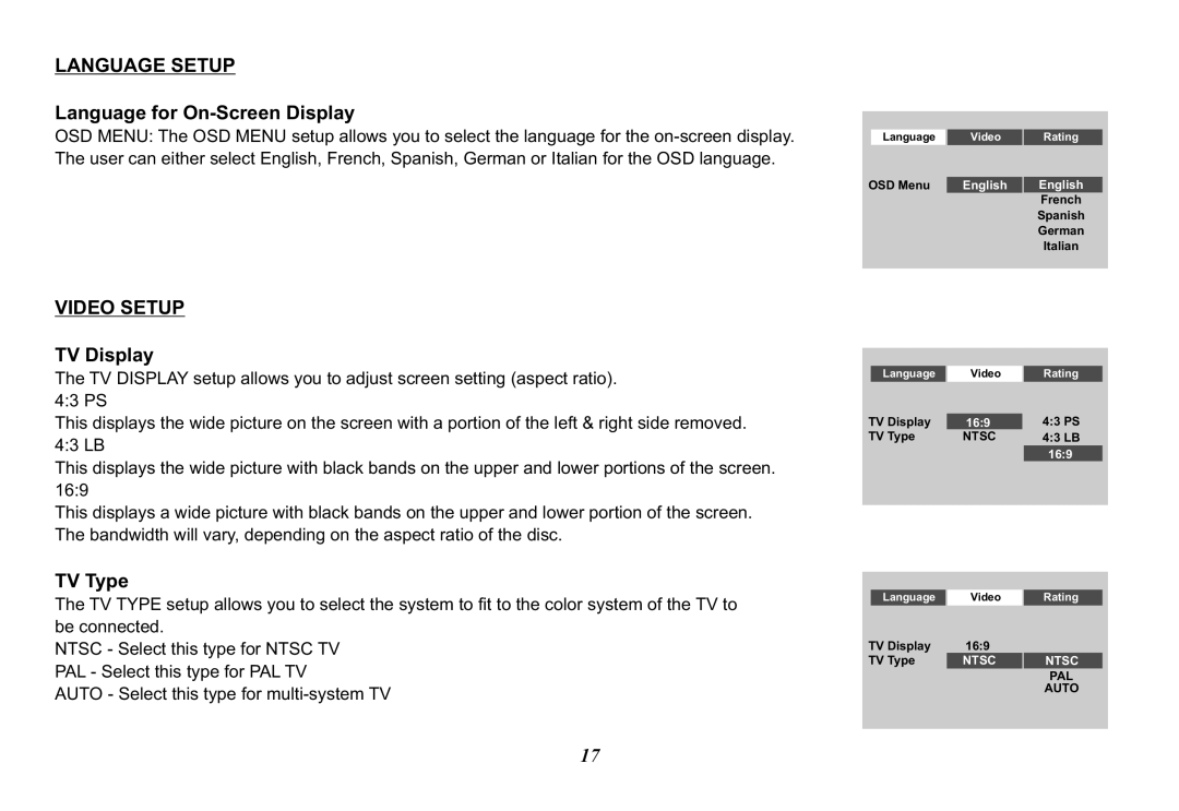 Audiovox VOD102 operation manual Language Setup, Language for On-Screen Display, Video Setup, TV Display, TV Type 