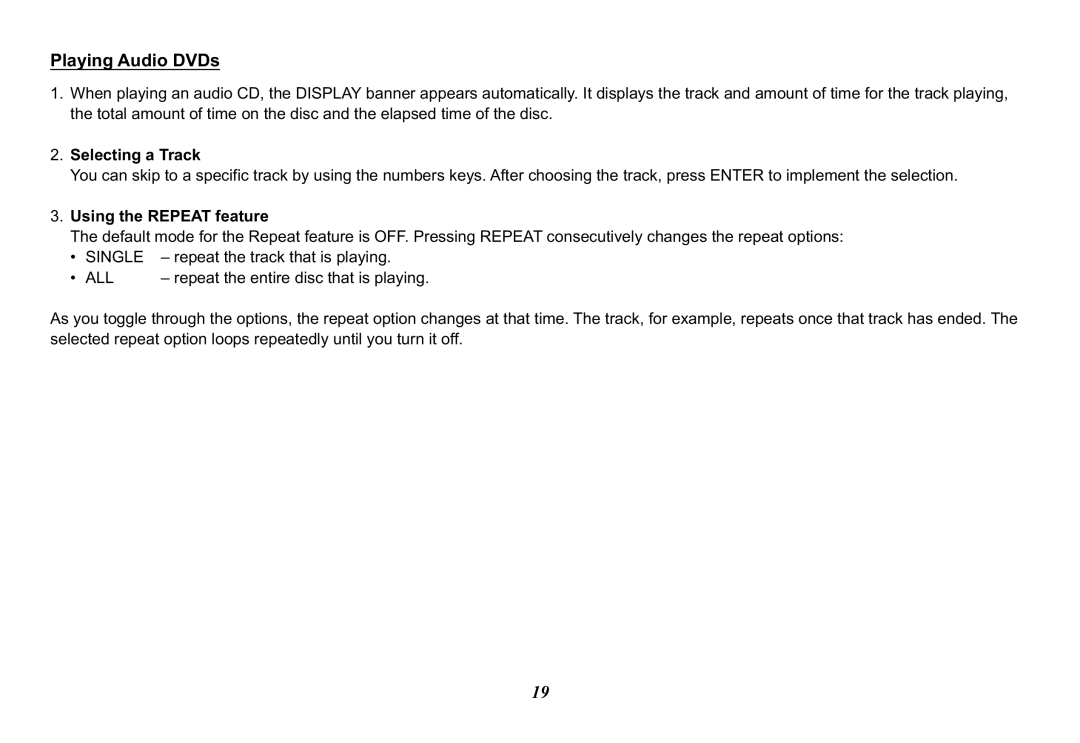 Audiovox VOD102 operation manual Playing Audio DVDs, Selecting a Track, Using the Repeat feature 