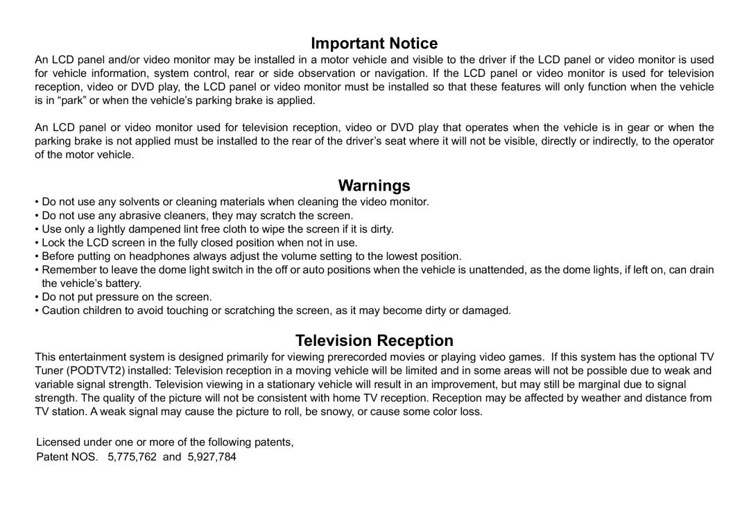 Audiovox VOD102 operation manual Important Notice 