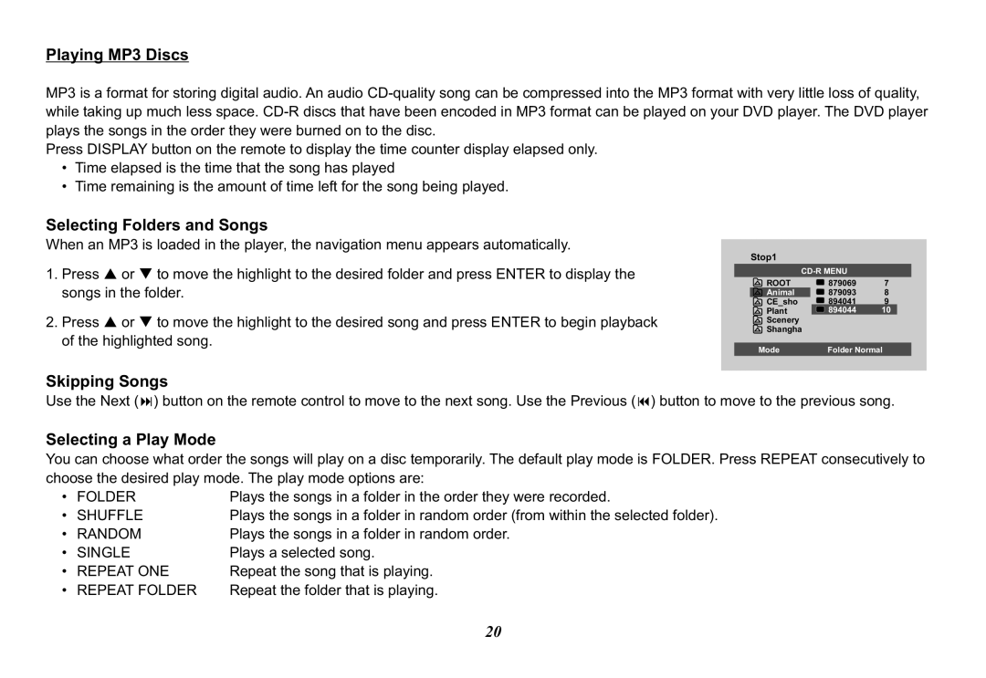 Audiovox VOD102 operation manual Playing MP3 Discs, Selecting Folders and Songs, Skipping Songs, Selecting a Play Mode 