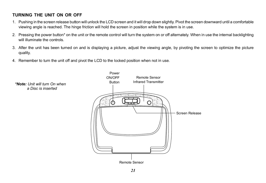 Audiovox VOD102 operation manual Turning the Unit on or OFF 