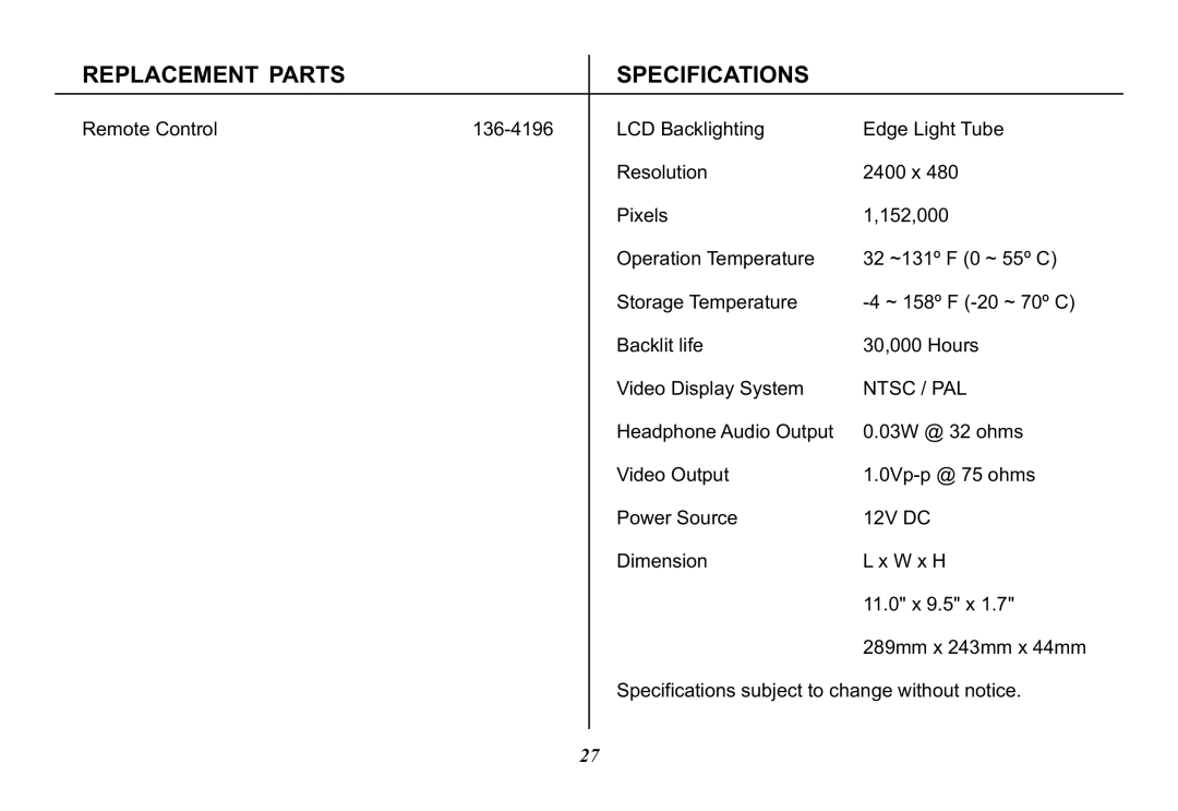 Audiovox VOD102 operation manual Replacement Parts Specifications, Ntsc / PAL 