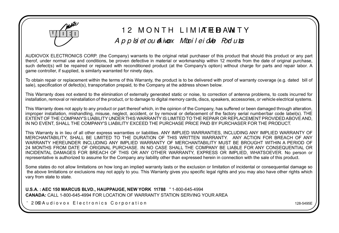 Audiovox VOD102 operation manual Month Limited Warranty 