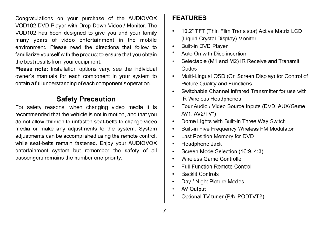 Audiovox VOD102 operation manual Safety Precaution, Features 