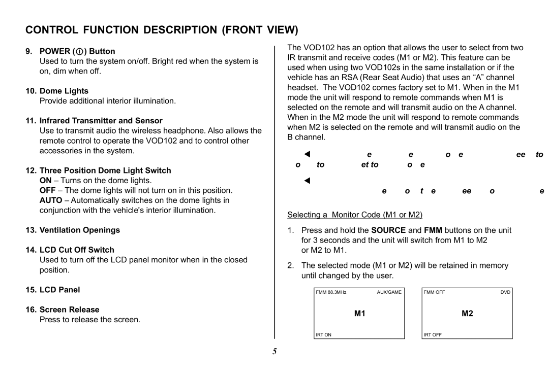 Audiovox VOD102 operation manual Control Function Description Front View 