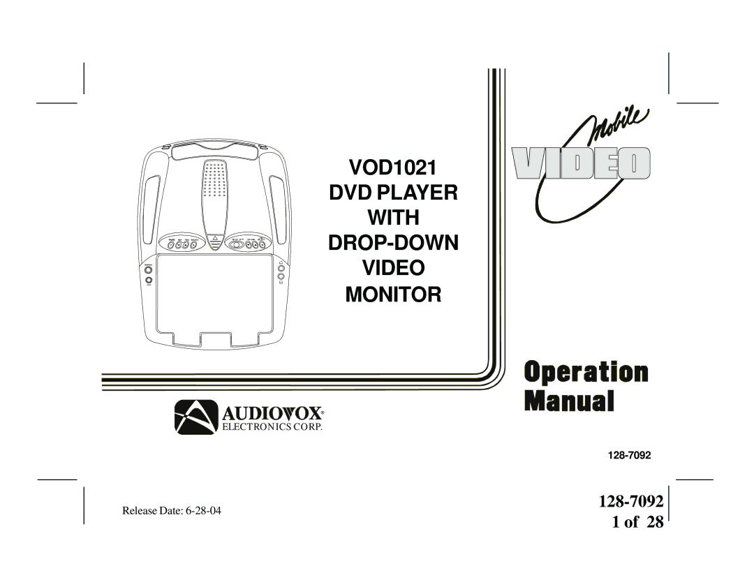 Audiovox VOD1021 manual VOD705, 128-7092 