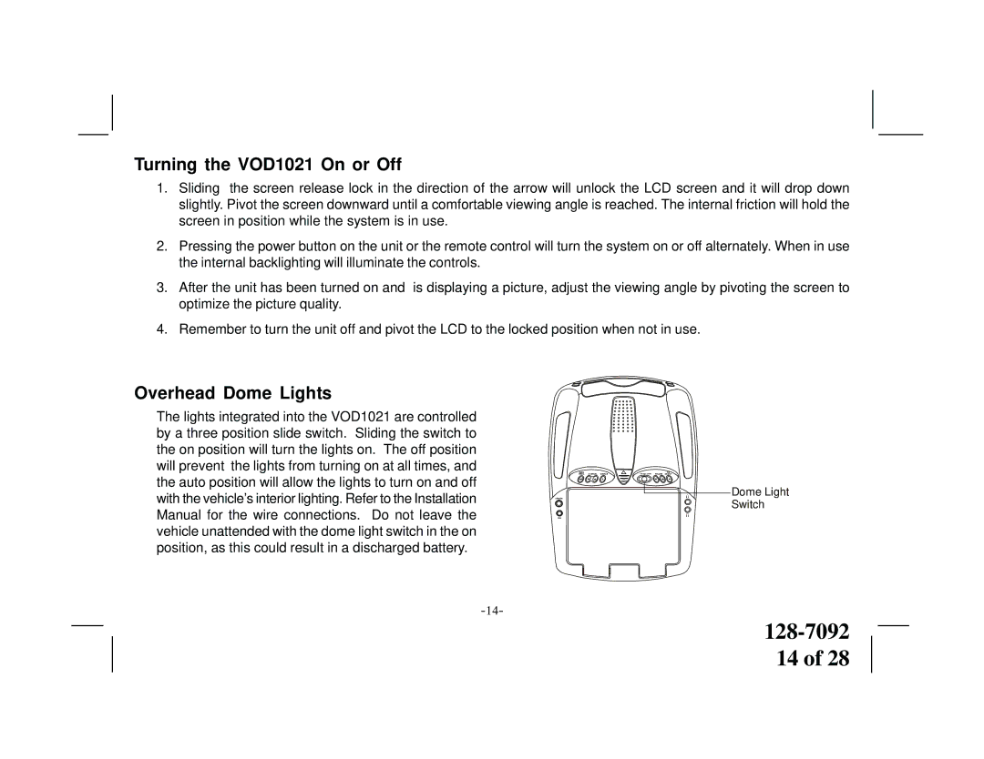 Audiovox manual Turning the VOD1021 On or Off, Overhead Dome Lights 