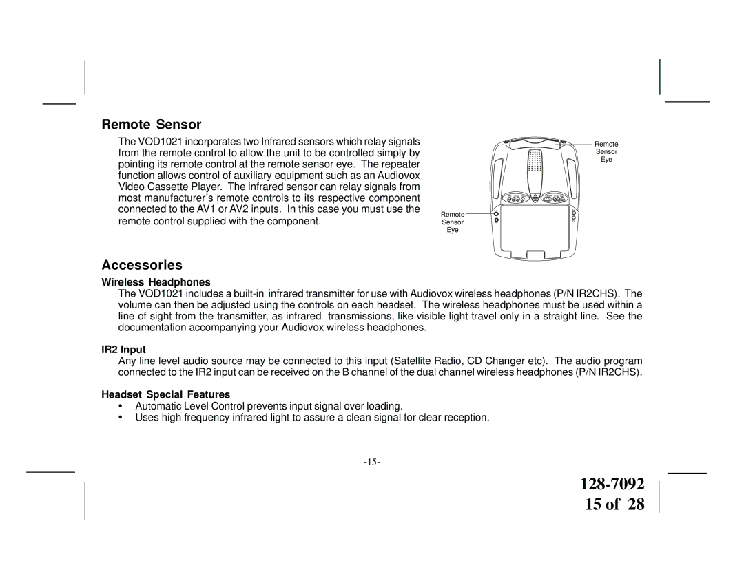 Audiovox VOD1021 manual Remote Sensor, Accessories, Wireless Headphones, IR2 Input, Headset Special Features 