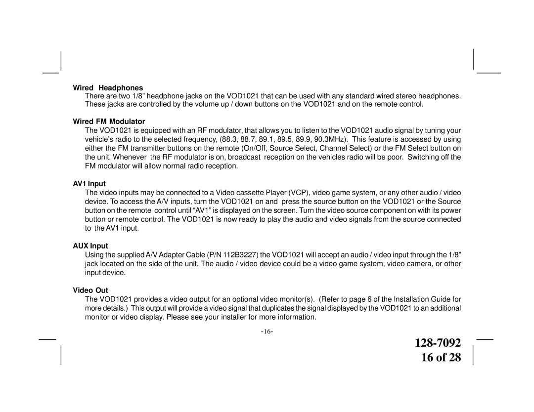 Audiovox VOD1021 manual Wired Headphones, Wired FM Modulator, AV1 Input, AUX Input, Video Out 