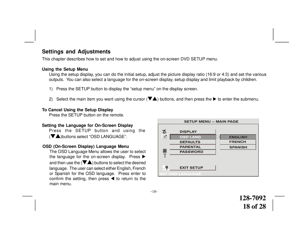 Audiovox VOD1021 manual Settings and Adjustments, Using the Setup Menu, To Cancel Using the Setup Display 