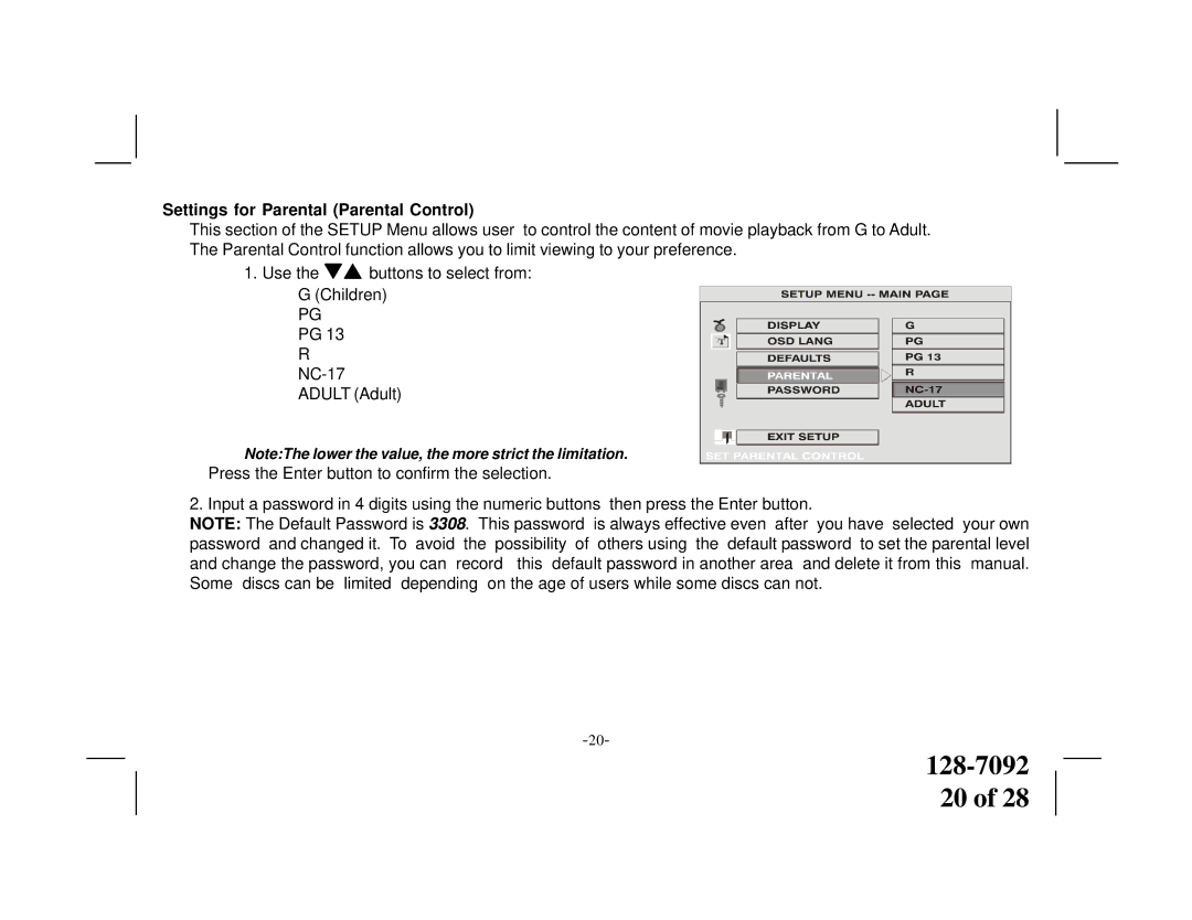 Audiovox VOD1021 manual Settings for Parental Parental Control 