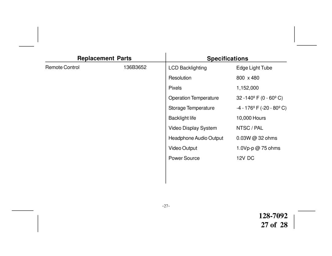 Audiovox VOD1021 manual Replacement Parts Specifications 