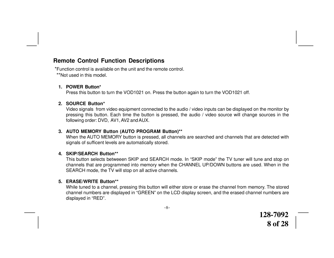 Audiovox VOD1021 manual Remote Control Function Descriptions 