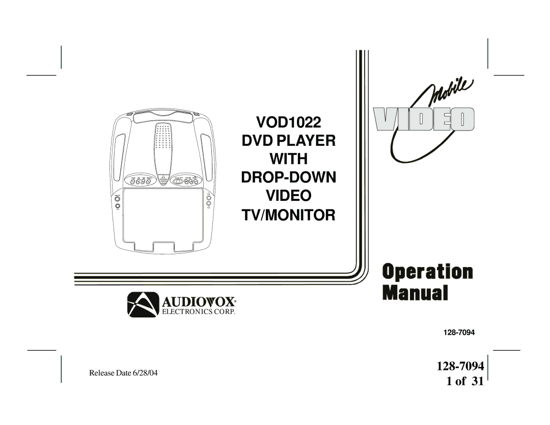 Audiovox VOD1022 manual VOD705, 128-7094 