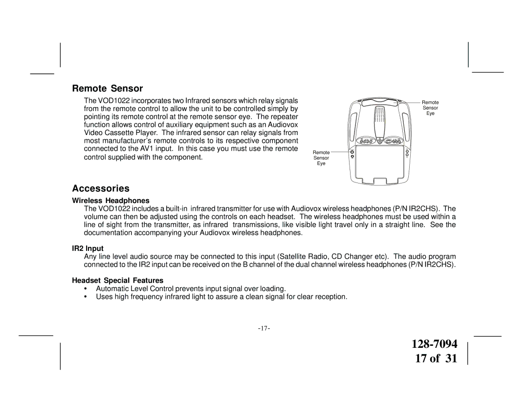 Audiovox VOD1022 manual Remote Sensor, Accessories, Wireless Headphones, IR2 Input, Headset Special Features 