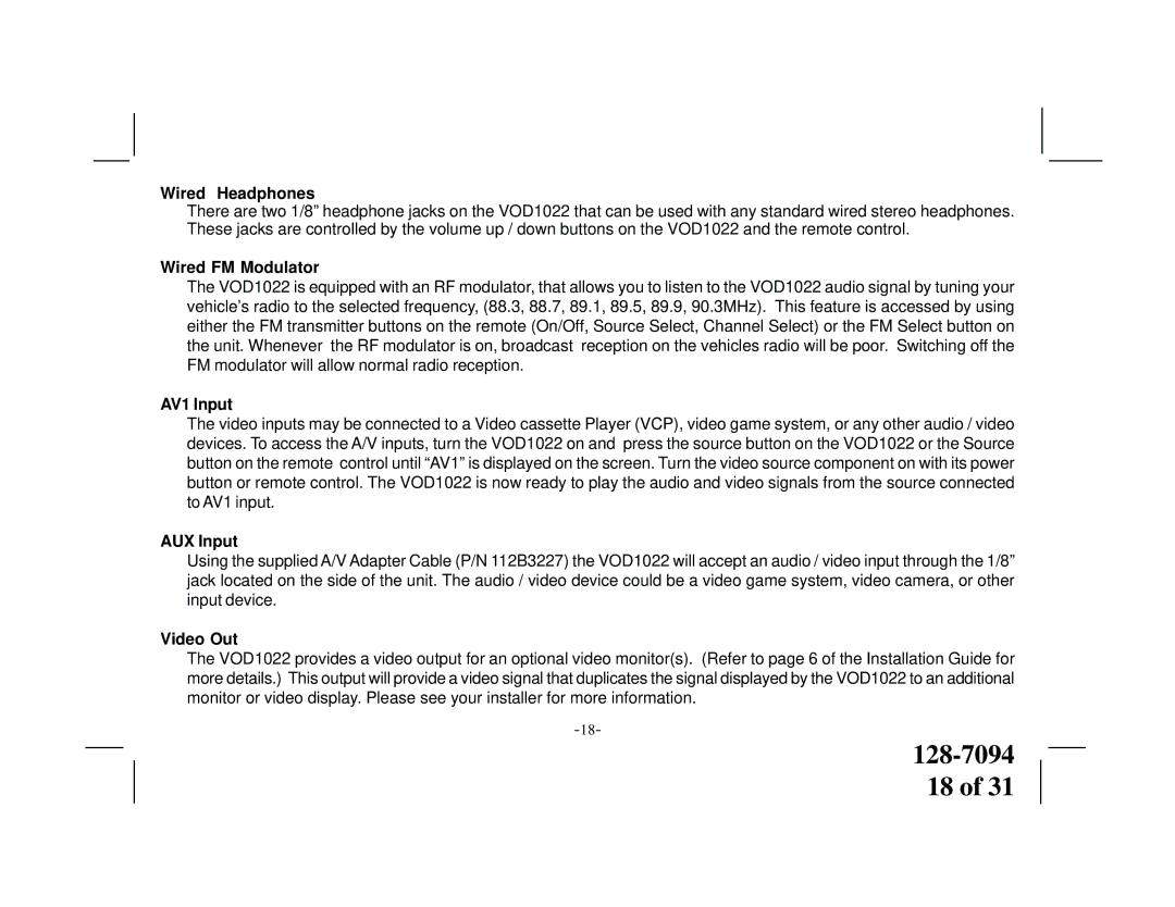 Audiovox VOD1022 manual Wired Headphones, Wired FM Modulator, AV1 Input, AUX Input, Video Out 