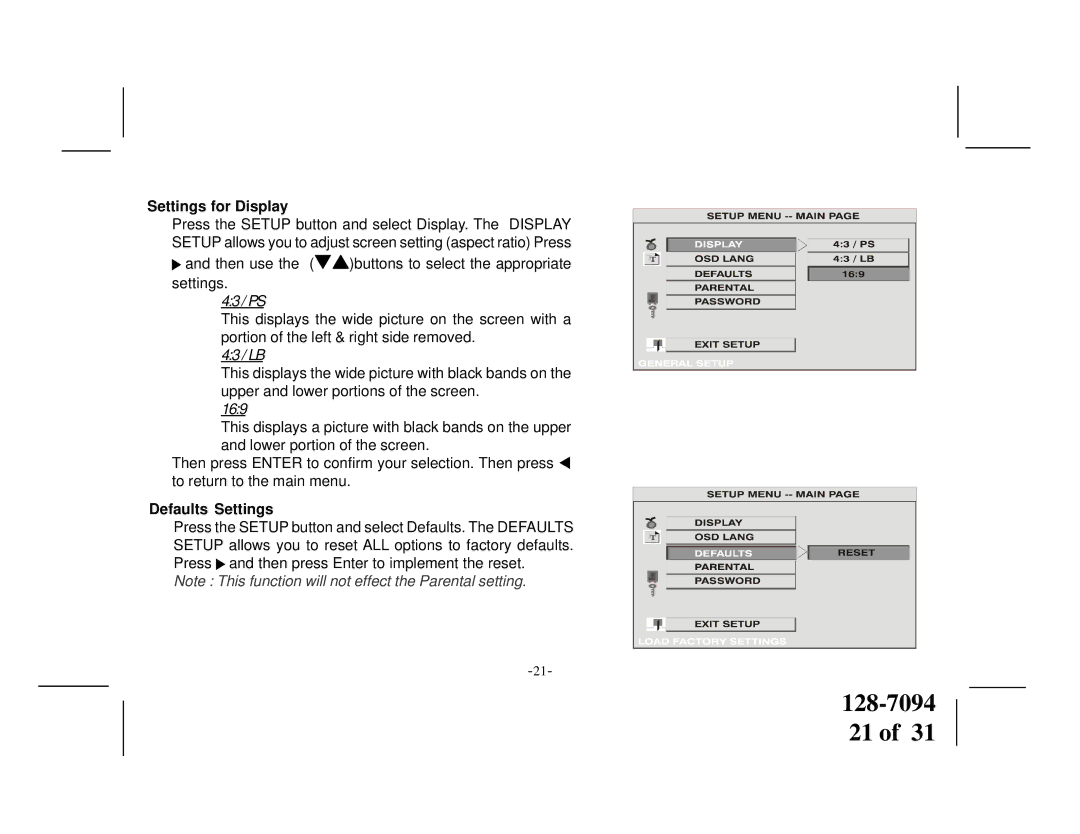 Audiovox VOD1022 manual Settings for Display, Defaults Settings 