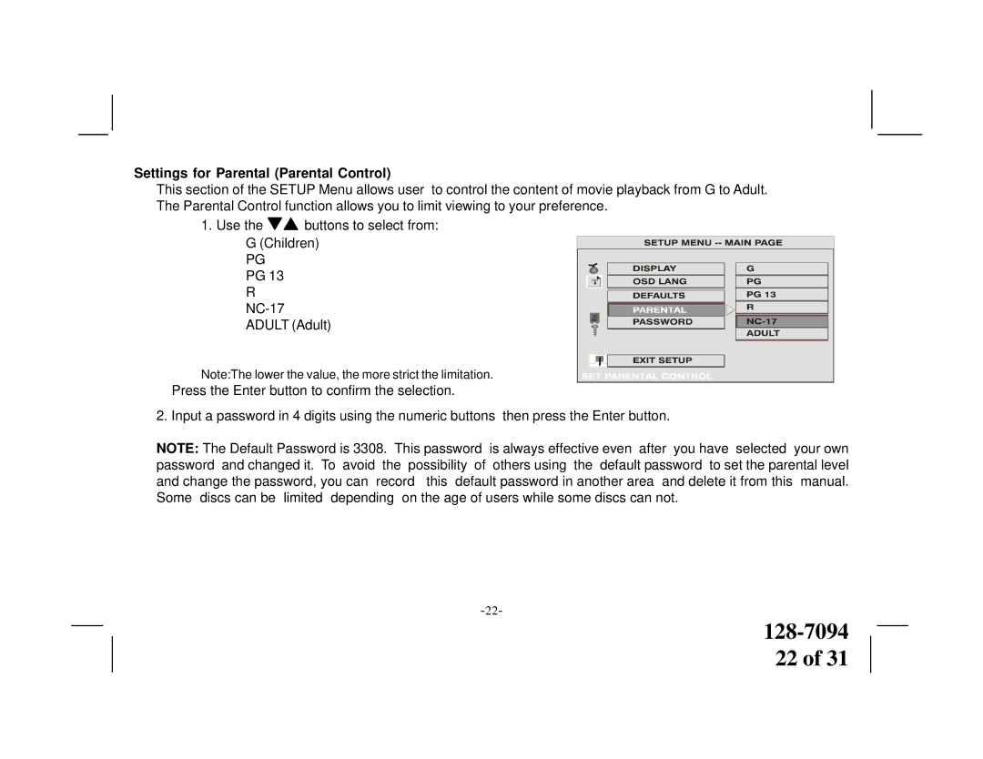 Audiovox VOD1022 manual Settings for Parental Parental Control 