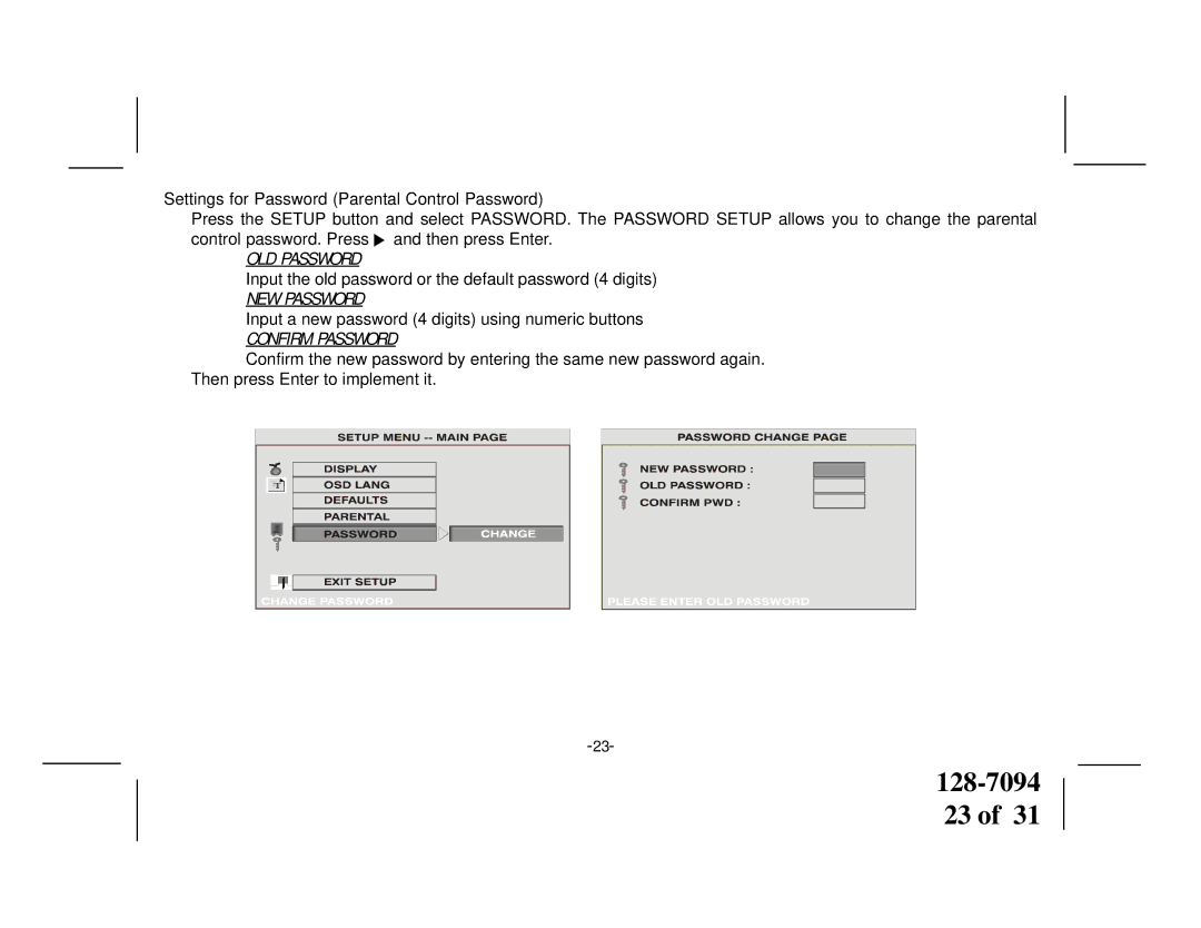 Audiovox VOD1022 manual Settings for Password Parental Control Password, Confirm Password 