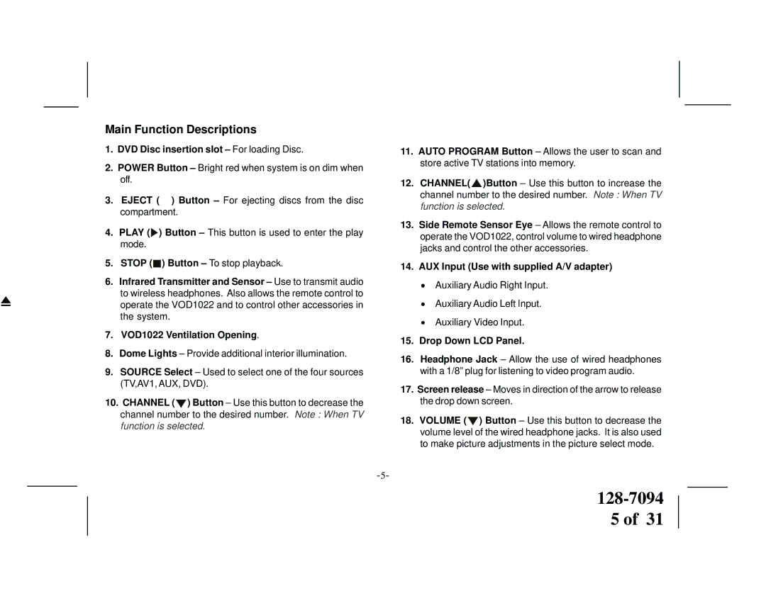 Audiovox VOD1022 manual Main Function Descriptions 