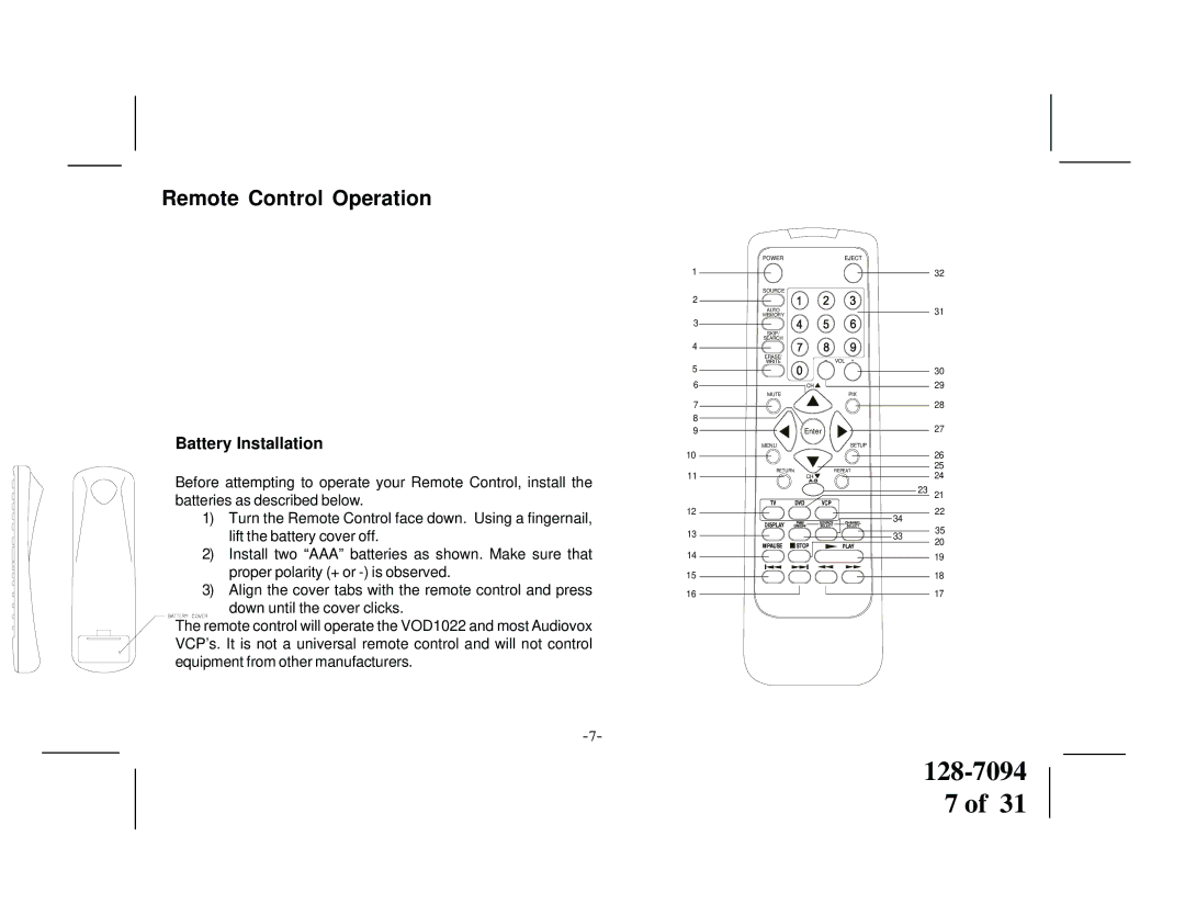 Audiovox VOD1022 manual Remote Control Operation, Battery Installation 