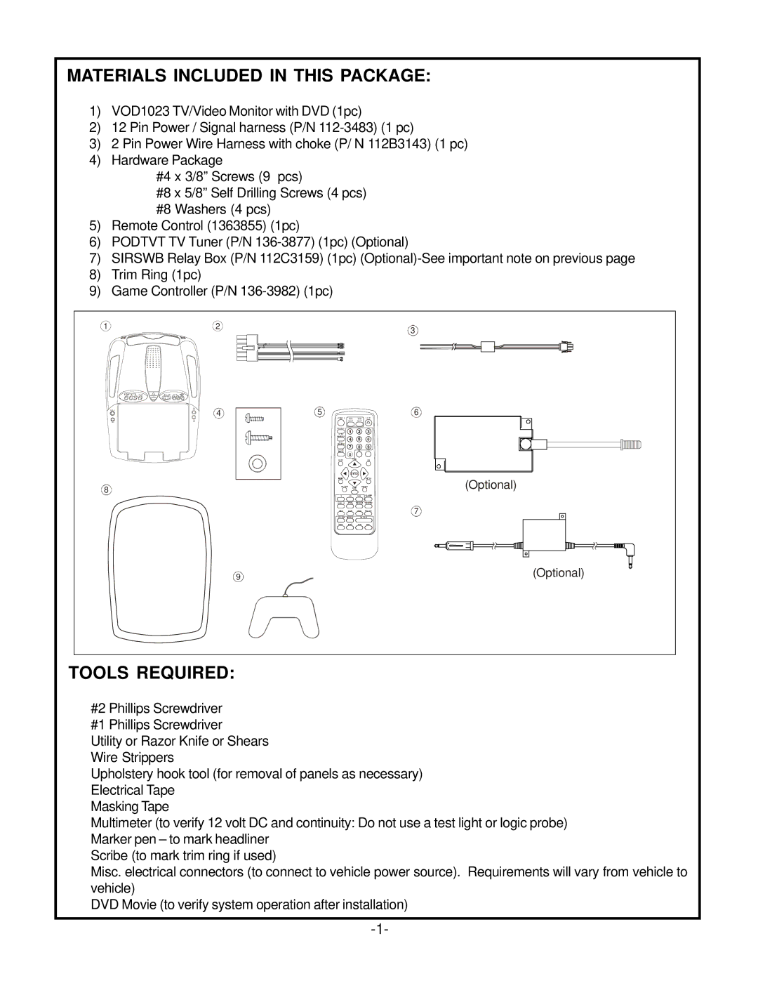 Audiovox VOD1023 P, VOD1023 S manual Materials Included in this Package, Tools Required 