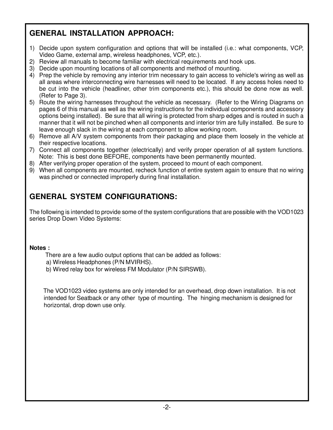 Audiovox VOD1023 P, VOD1023 S manual General Installation Approach, General System Configurations 