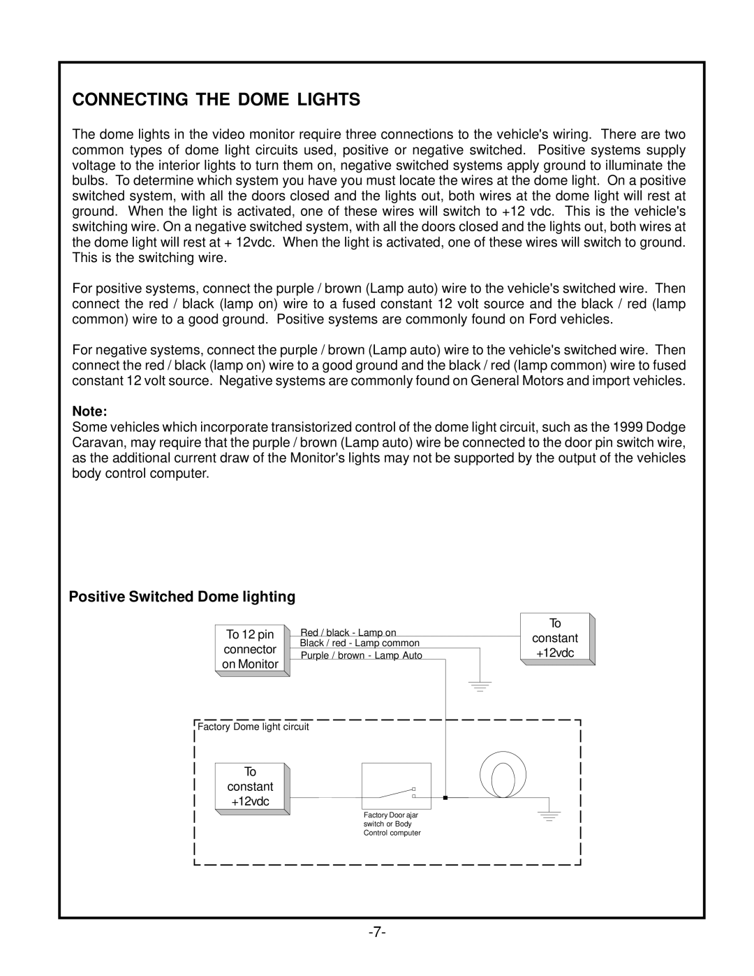 Audiovox VOD1023 P, VOD1023 S manual Connecting the Dome Lights, Positive Switched Dome lighting 