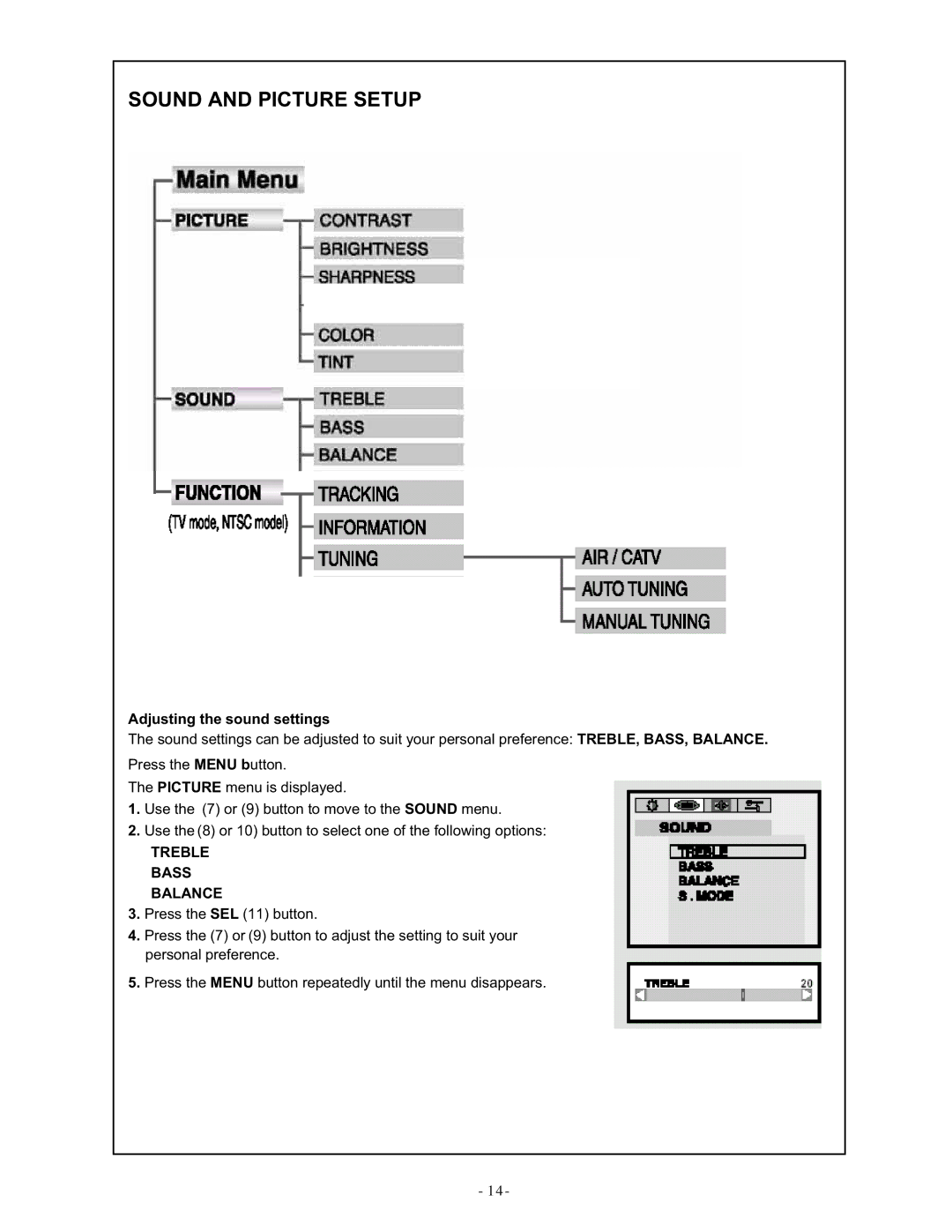 Audiovox VOD1048 manual Adjusting the sound settings, Treble Bass Balance 