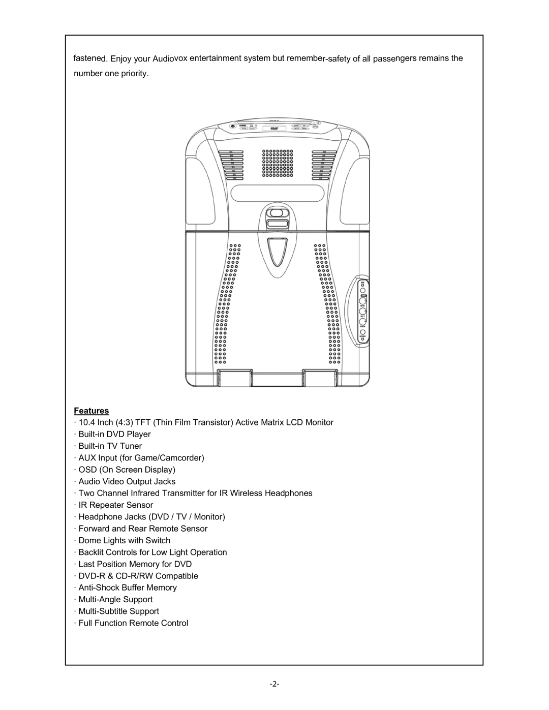 Audiovox VOD1048 manual Features 