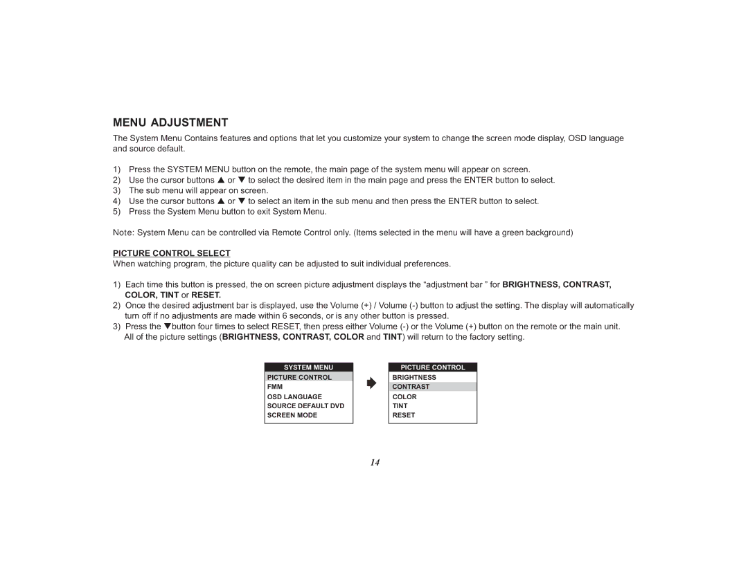 Audiovox VOD108FR, 128-8810 operation manual Menu Adjustment, Picture Control Select 