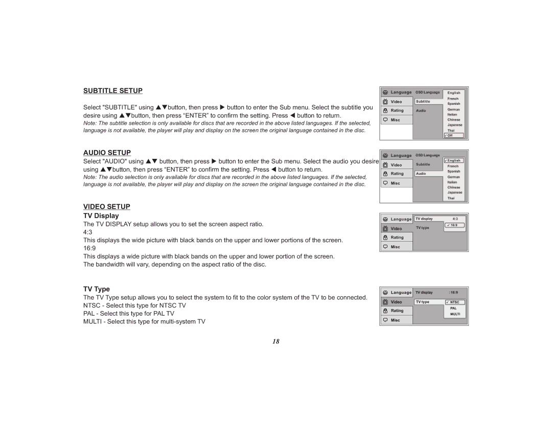 Audiovox VOD108FR, 128-8810 operation manual Subtitle Setup, Audio Setup, Video Setup, TV Display, TV Type 